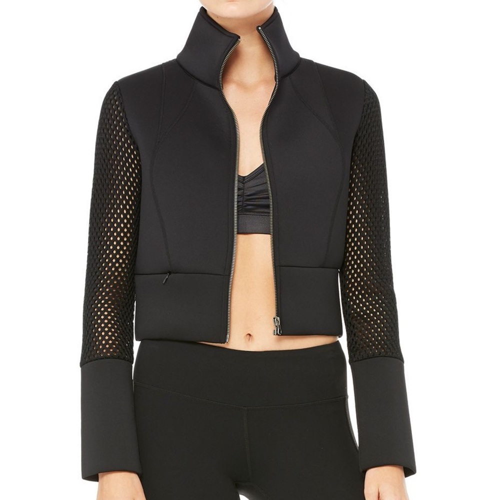Alo Yoga black neoprene scuba mesh shell jacket